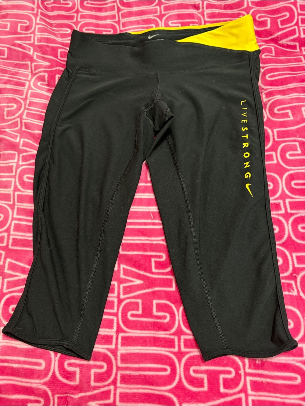 Nike Black Capri Leggings with Yellow Waist and Livestrong Logo